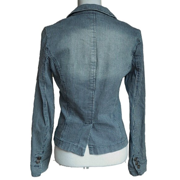 Valerie Bertinelli Y2k Denim Jacket Seersucker Stripe Retro 70s 2 Button Blazer - Picture 6 of 11